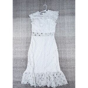 Daphne White Floral Guipure Lace Midi Dress Cap Sleeve Ruffle Hem L